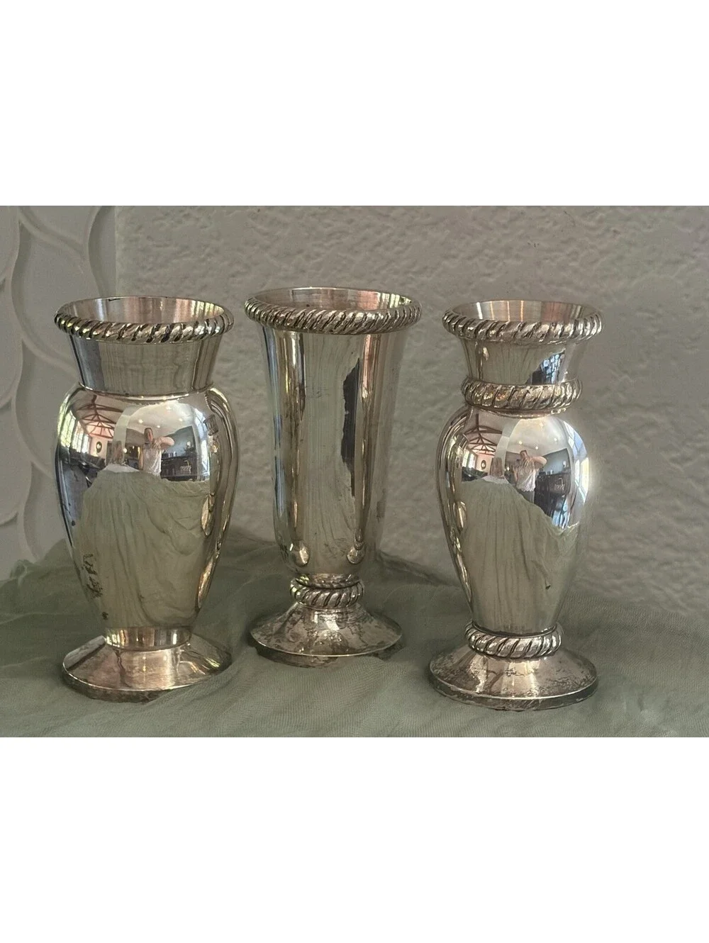 Pottery Barn Silver Plated Vases Set of Three Roped Design 5” Classic